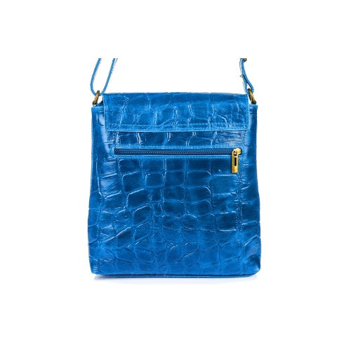 Niebieska Damska Skórzana Włoska Listonoszka Pionowa Croco Klapa B69 - HH-6107
